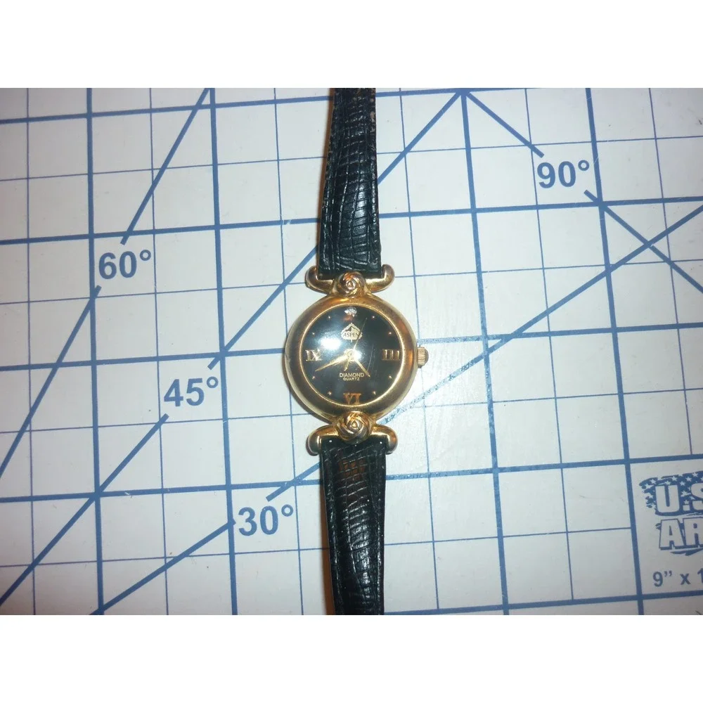 Vintage Aspen Diamond Quartz Watch Black Dial Gold Tone Floral Lugs New Battery